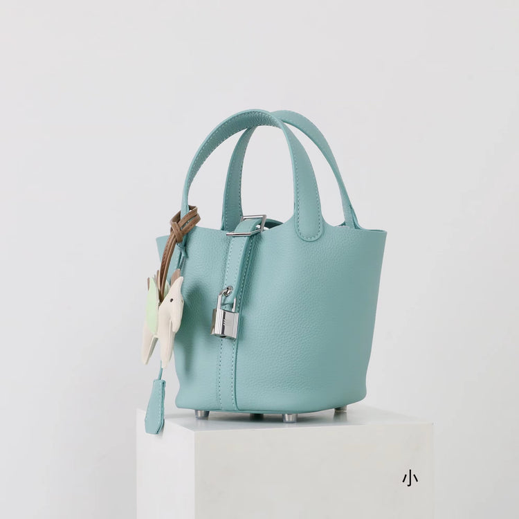 質感真皮|2025年新款時尚軟牛皮水桶包togo頭層牛皮h家菜籃子百搭通勤手提包「80900」25.04-4