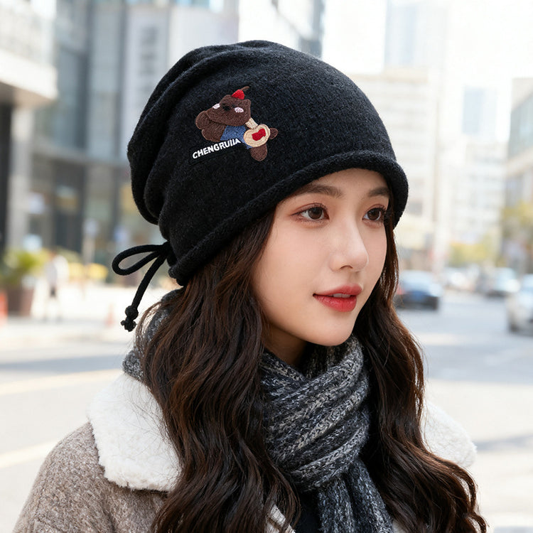 流行帽子|可愛卡通小熊帽子女秋冬包頭針織帽網紅百搭堆堆帽顯臉小卷邊冷帽「C5672」25.09-5