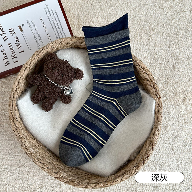女襪|撞色雙羅口襪子女彈力無骨卷邊條紋堆堆襪棉質吸汗透氣防臭中筒襪「CX802」25.09-3