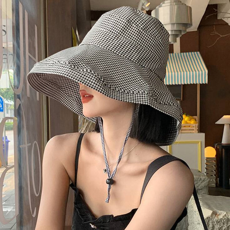 流行帽子|大帽檐漁夫帽女夏季千鳥格時尚盆帽顯臉小戶外防紫外線沙灘太陽帽「C4145」24.07-2