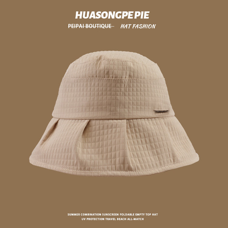 流行帽子|帽子夏季新款大帽檐遮臉方格QIA裙擺漁夫帽日系簡約時尚防曬帽女「C4068」24.06-3