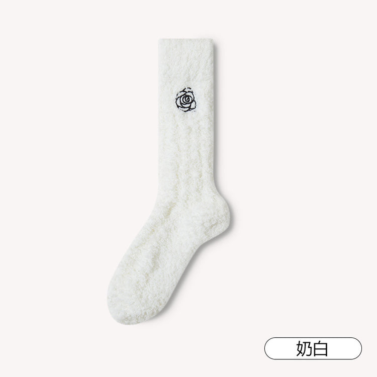 女襪|白色刺繡襪子女秋冬蓄熱鎖溫加絨加厚睡眠襪彈力軟糯親膚珊瑚絨襪「AD2388」24.12-1