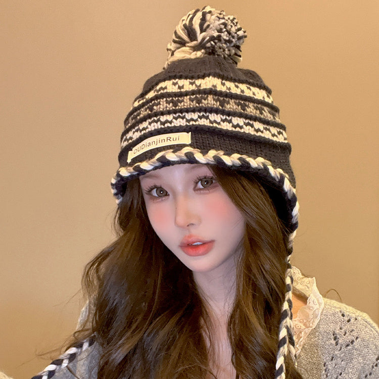 流行帽子|撞色流蘇毛球護耳帽女秋冬加絨保暖條紋百搭針織帽尼泊爾風毛線帽「C4738」24.11-1