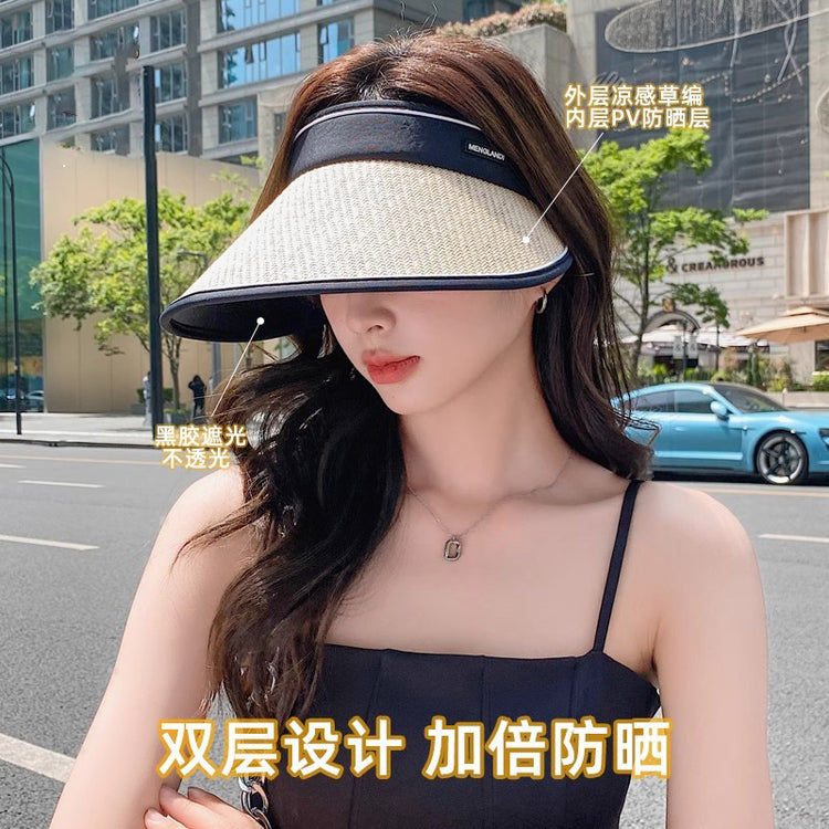 流行帽子|夏季新款防紫外線帽子女騎車遮臉草編空頂帽戶外出遊防曬遮陽帽潮「C3778」25.05-1