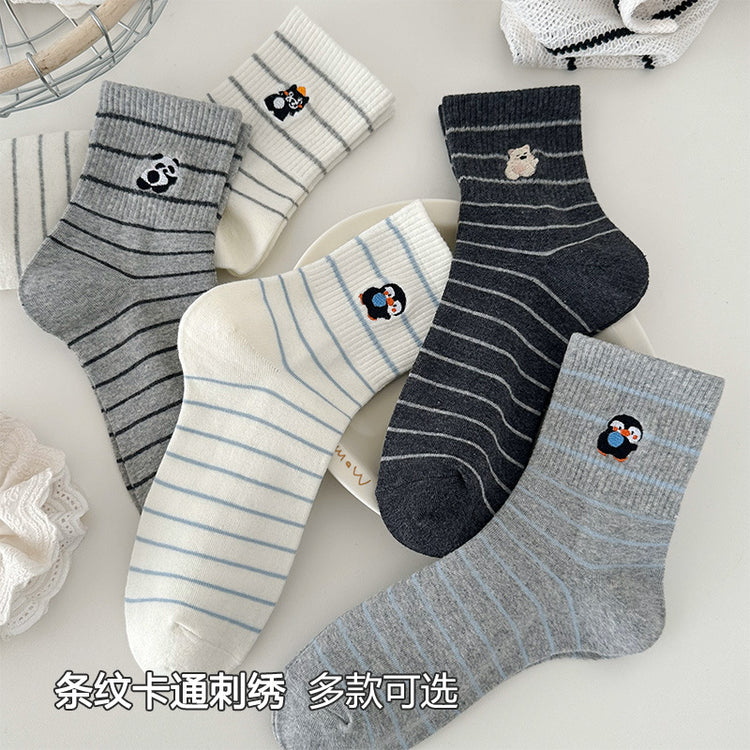 女襪|灰色襪子女夏季條紋卡通刺繡彈力中筒襪棉質親膚吸汗透氣堆堆襪「MI1088」25.04-3