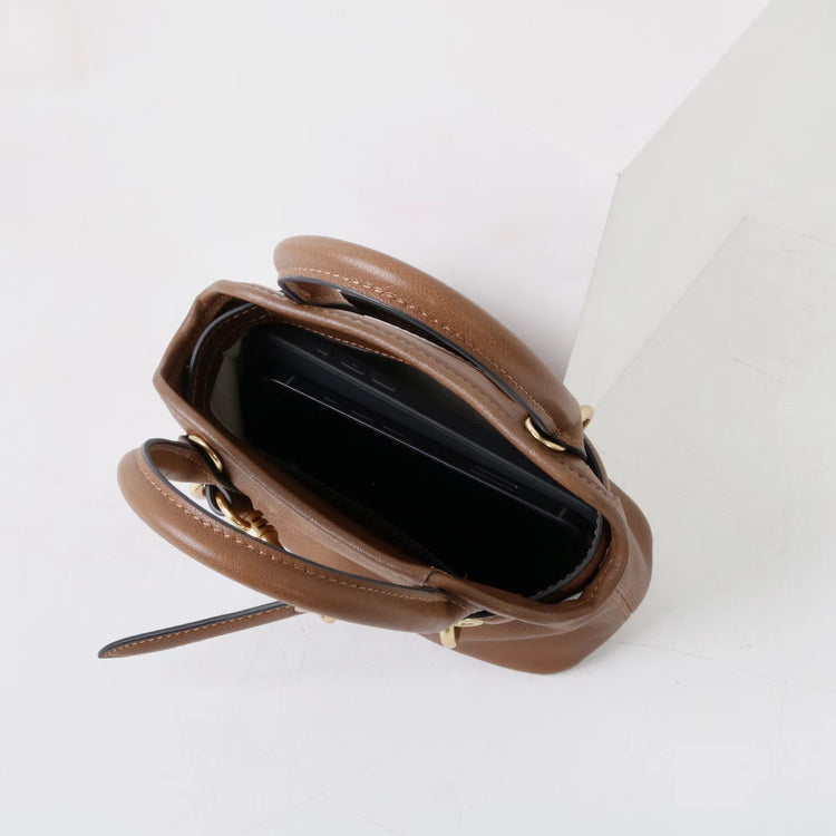 質感真皮|新款精緻迷你手拎中古保齡球斜背包通勤小眾復古百搭高級感包「8205」25.03-1