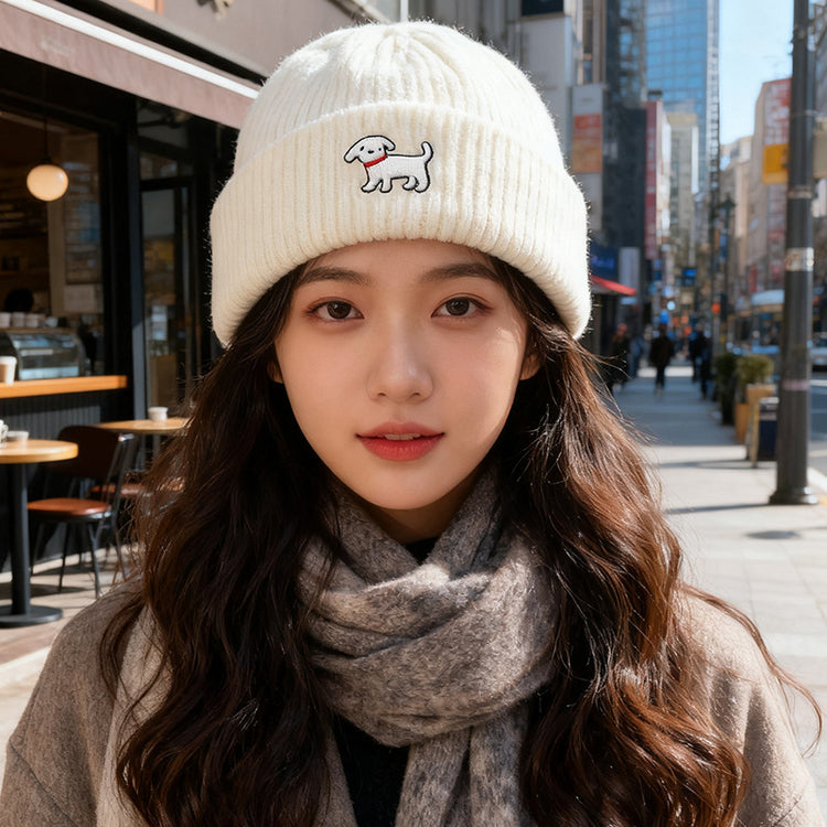 流行帽子|可愛小狗刺繡針織帽女秋冬款韓版百搭毛線帽顯臉小大頭圍保暖帽子「C5674」25.09-5