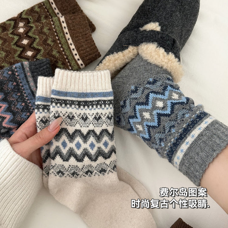 女襪|費爾島復古羊毛襪子女秋冬季加厚保暖堆堆襪日系文藝彈力中筒襪「TM3741」25.11-3