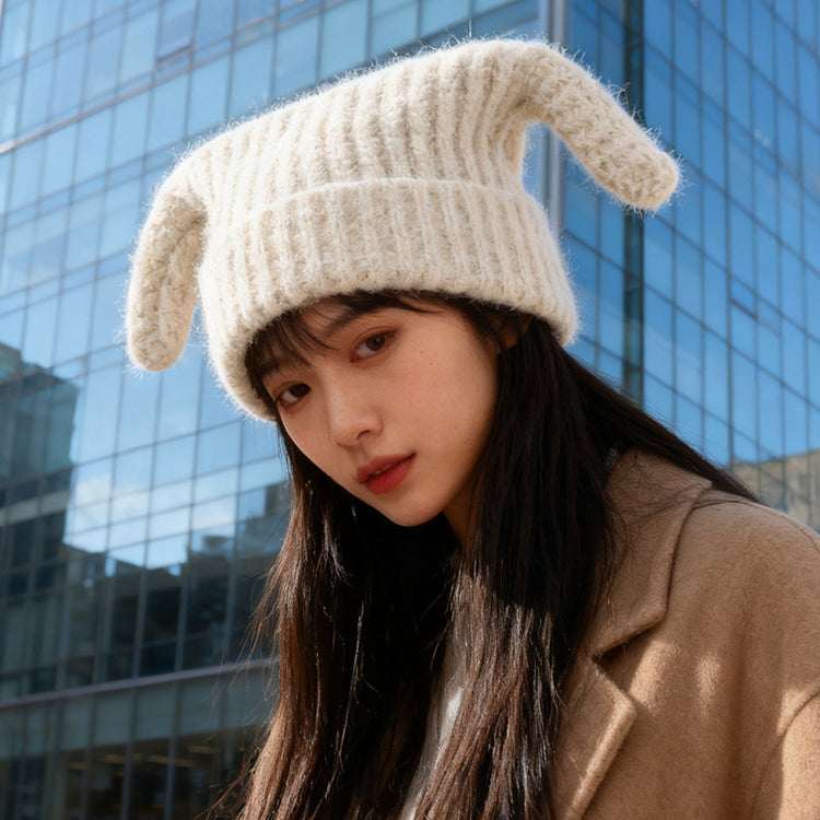 流行帽子|可愛搞怪毛線帽子女秋冬保暖護耳帽日系惡魔角手工針織冷帽套頭帽「C5702」25.10-2