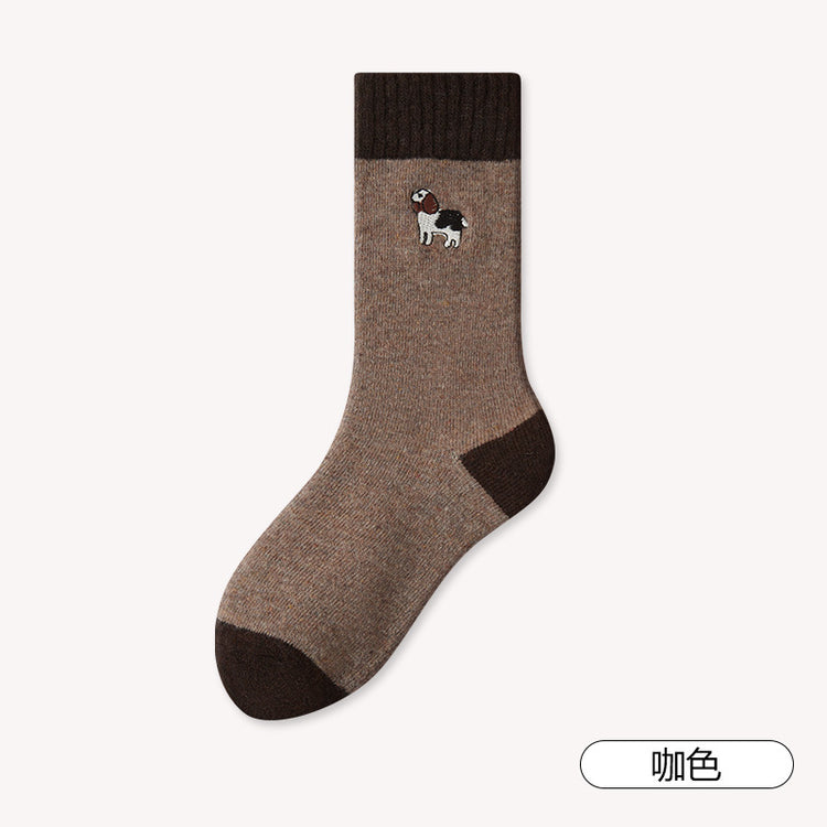 女襪|美利奴羊毛襪子女ins潮拼色卡通刺繡中筒襪秋冬季加厚保暖堆堆襪「GO2570」25.12-2