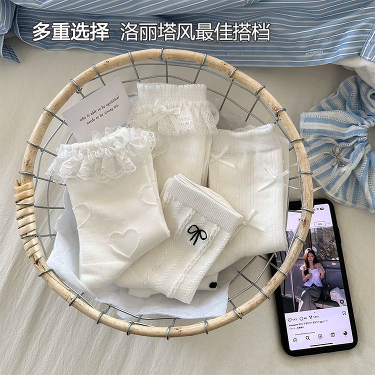 女襪|白色堆堆襪子女春夏薄款miu系蝴蝶結中筒襪吸汗透氣諸暨襪子批發「YM2510」25.03-4