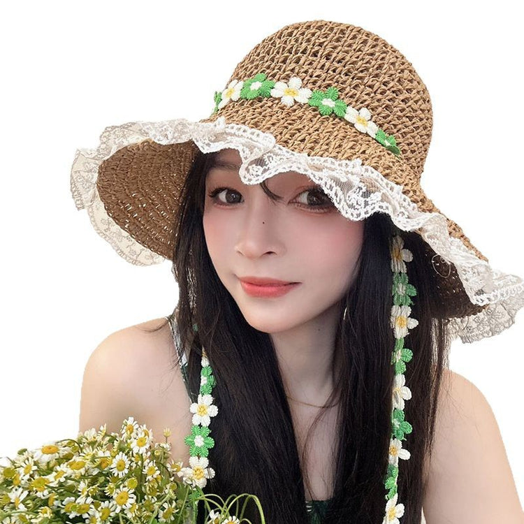 流行帽子|法式鏤空草帽女夏季編織花朵漁夫帽氣質海邊大帽檐可折疊防曬帽子「C5026」25.02-3