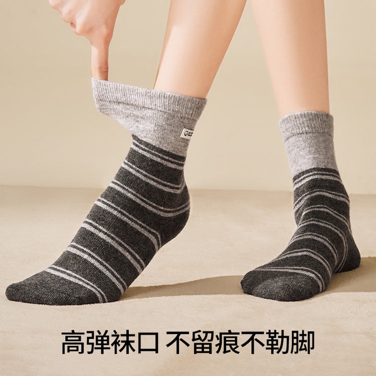 女襪|布標條紋襪子女冬季加絨加厚保暖美利奴羊毛襪親膚舒適彈力中筒襪「GO25106」25.12-1