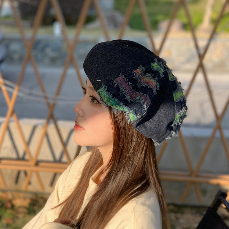 流行帽子 | 牛仔貝雷帽女春夏季新款做舊百搭破洞彩條畫家帽學生顯臉小八角帽「C3686」24.02-2