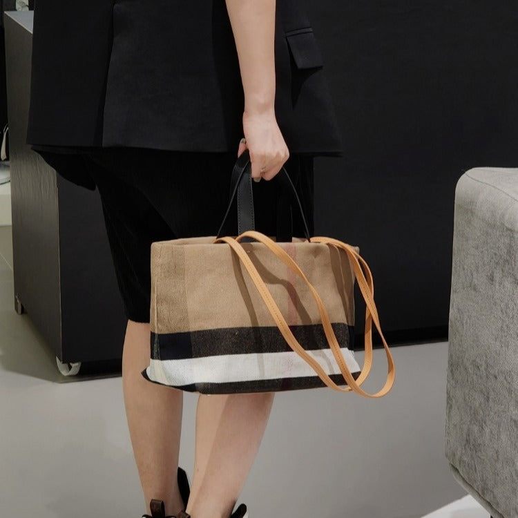 質感真皮|2024新款百搭高級感棕色條紋托特包大容量單肩女包慵懶風「3532」24.06-4