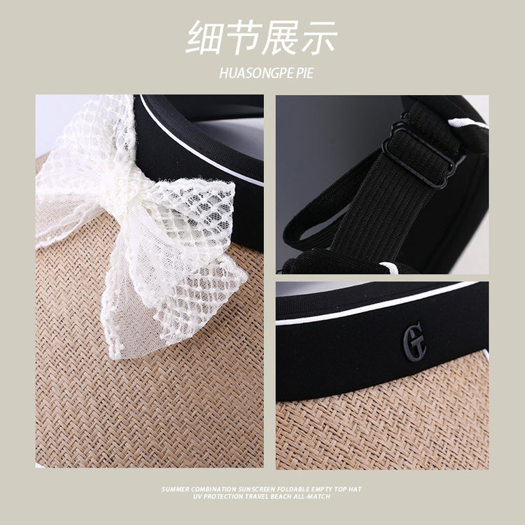 流行帽子|蕾絲蝴蝶結空頂帽女夏季黑膠防紫外線遮陽帽加寬帽檐沙灘太陽帽子「C3802」24.04-3