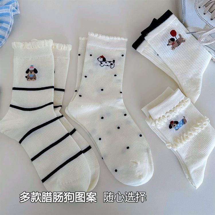 女襪|卡通圖案襪子女棉質吸汗透氣彈力中筒襪花邊襪口潮流好搭堆堆襪「MYH2505」25.04-1