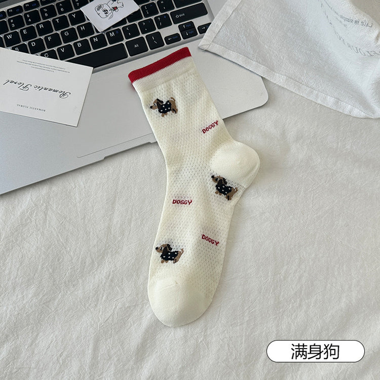 女襪|卡通圖案襪子女夏季薄款網眼透氣中筒襪吸濕排汗通勤簡約堆堆襪「MK5072」25.05-3