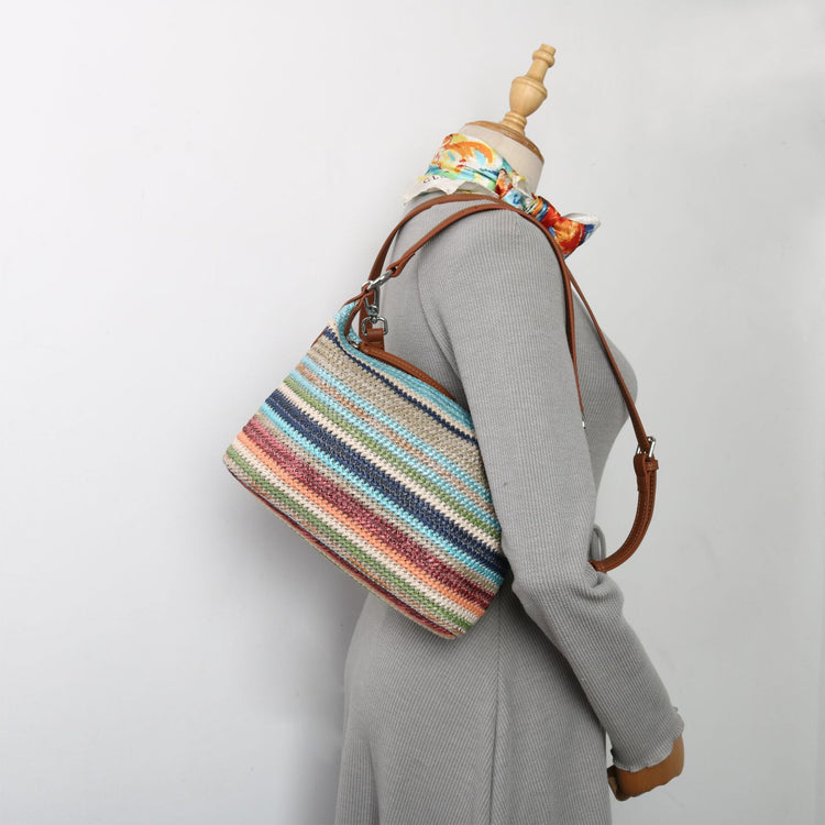 質感真皮|2024夏季新款小眾彩虹編織腋下包包彩度假託特包復古百搭單肩包「3522#」24.06-2