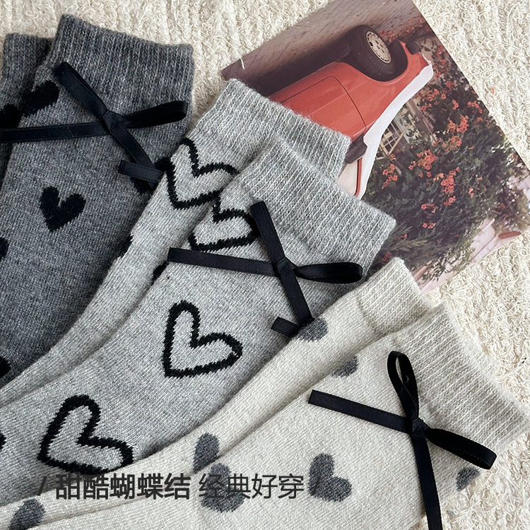 女襪|蝴蝶結羊毛襪子女襪秋冬季加絨加厚保暖中筒ins潮親膚舒適睡眠襪「MZ24142」24.11-1
