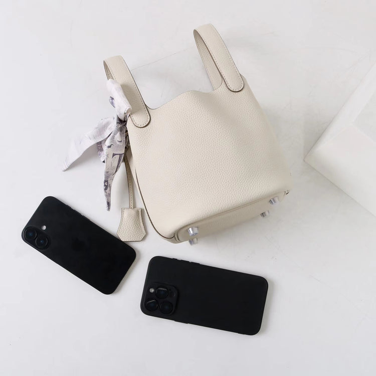 質感真皮|2025年新款時尚軟牛皮水桶包togo頭層牛皮h家菜籃子百搭通勤手提包「80900」25.04-4