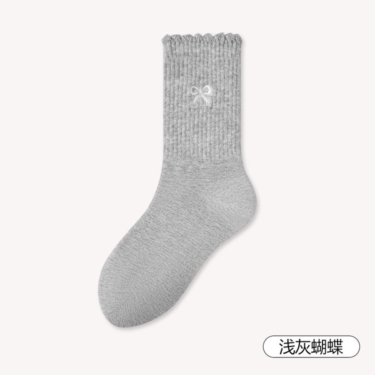 女襪|miu系蝴蝶結襪子女彈力無骨吸汗透氣中筒襪棉質親膚舒適堆堆襪「ZX25509」25.08-3