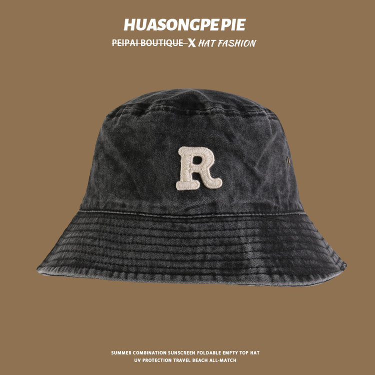 流行帽子|大沿遮陽帽水洗棉R字母刺繡簡約百搭漁夫帽出遊帽子防曬帽夏季女「C4032」24.06-1
