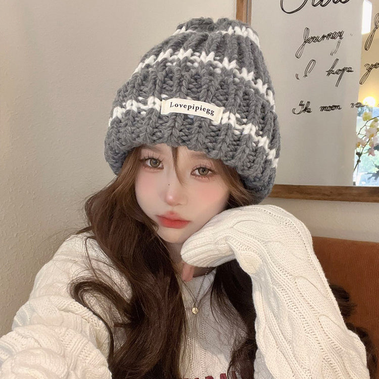 流行帽子|帽子女秋冬毛線帽潮韓版保暖護耳冷帽套頭帽條紋百搭顯臉小針織帽「C3048」24.11-2