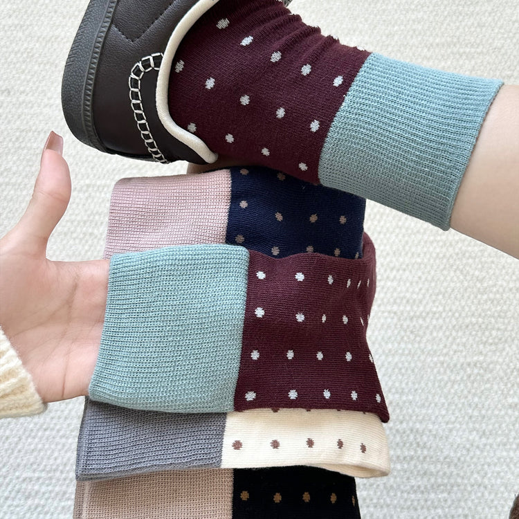 女襪|襪子女士經典撞色波點個性復古堆堆襪秋冬季保暖學院風中筒襪「YJ23128」25.10-1