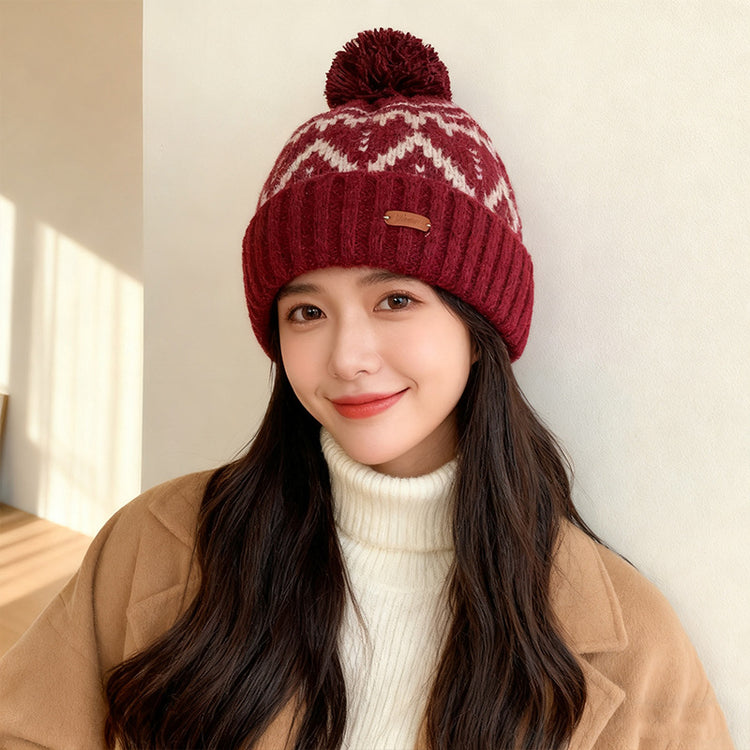 流行帽子|費爾島風針織帽子女秋冬保暖護耳毛線帽百搭大頭圍顯臉小套頭冷帽「C5828」25.11-3