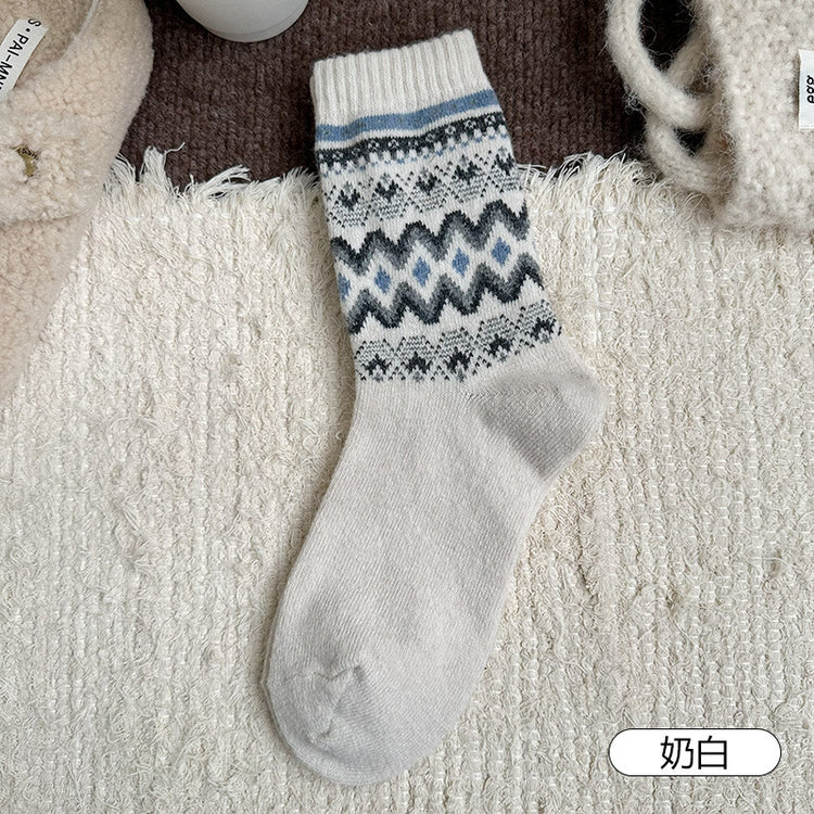 女襪|費爾島復古羊毛襪子女秋冬季加厚保暖堆堆襪日系文藝彈力中筒襪「TM3741」25.11-3