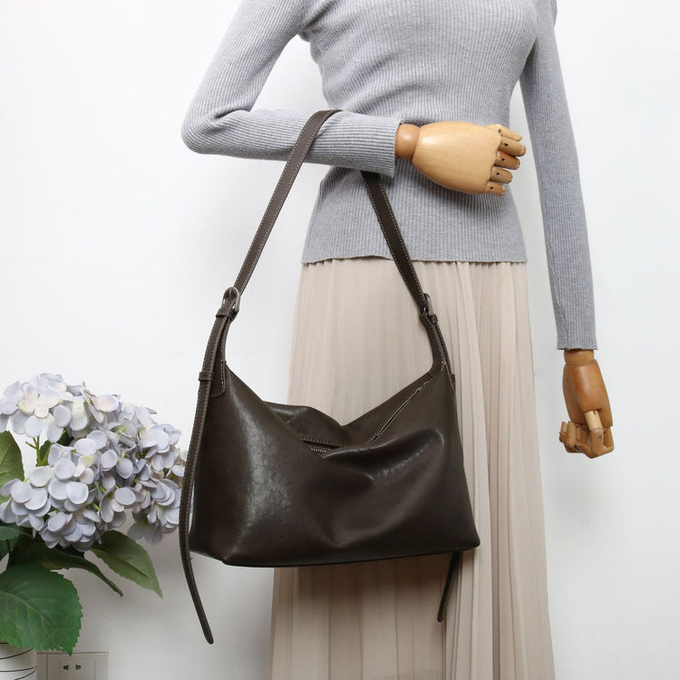 質感真皮|優質植鞣真皮Hobo托特包女大容量單肩通勤包高級質感斜挎包餃子包「3666」24.10-4