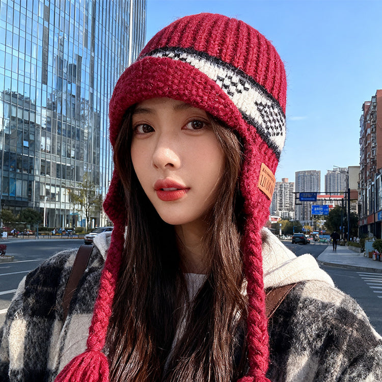 流行帽子|費爾島風毛線帽子女冬季加厚保暖針織帽護耳防寒顯臉小飛行「C5739」25.10-4