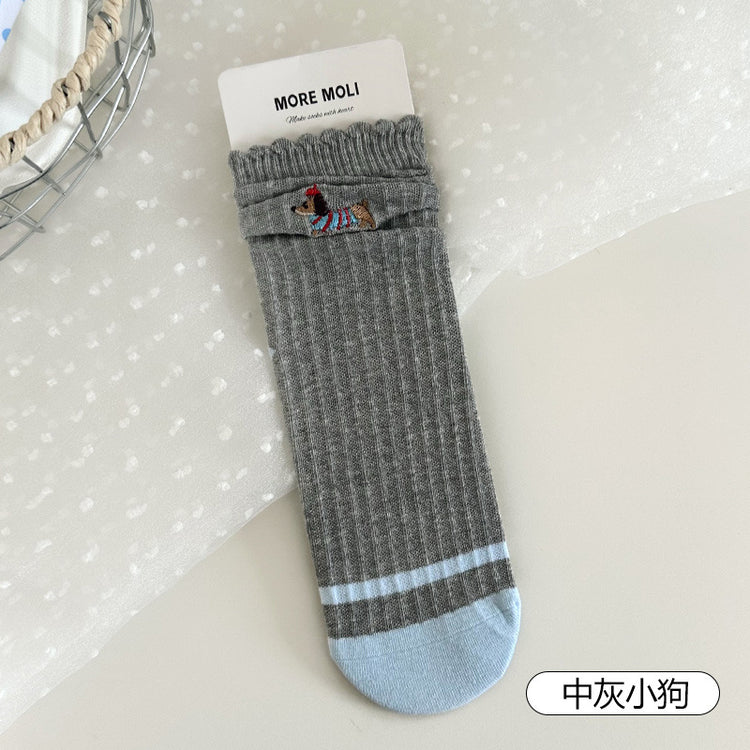 女襪|襪子女士卡通刺繡ins潮流中筒襪吸汗透氣彈力無骨棉質堆堆襪「ZX25506」25.09-5