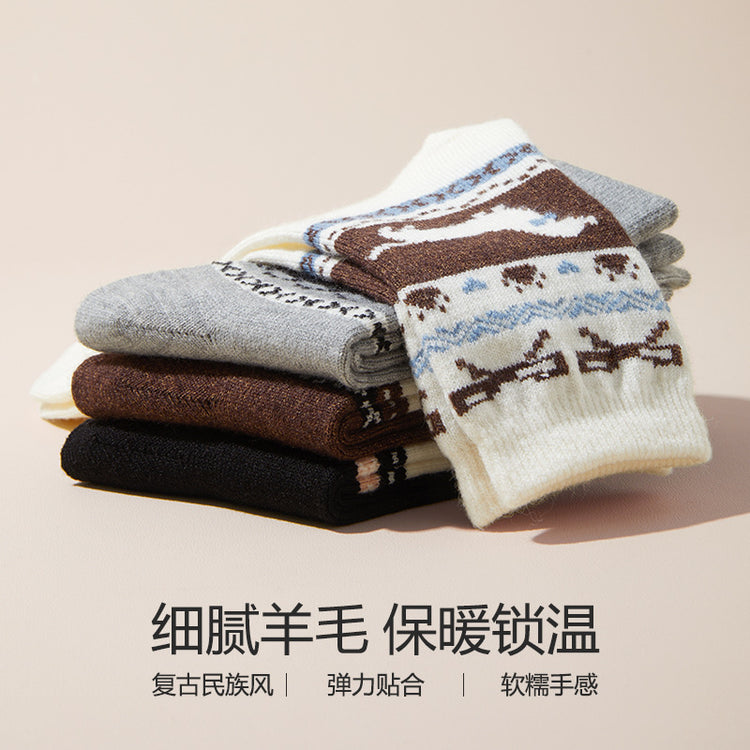 女襪|復古費爾島襪子女彈力軟糯親膚舒適中筒襪加厚保暖居家抗寒羊絨襪「DJ2009」24.12-3