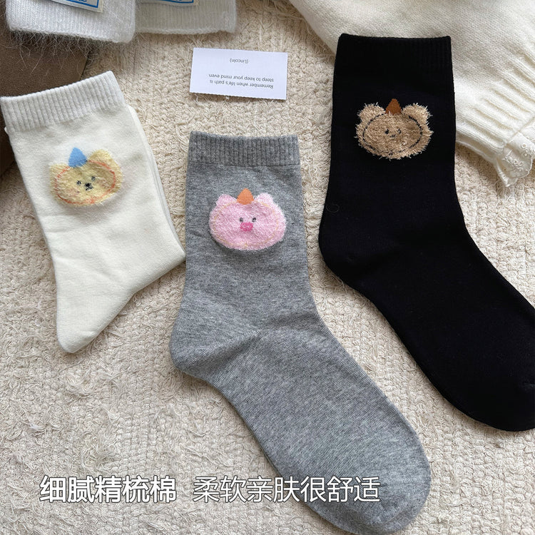 女襪|植絨卡通襪子女ins風彈力親膚舒適中筒襪軟糯吸汗透氣諸暨襪子「YM2460」25.09-1