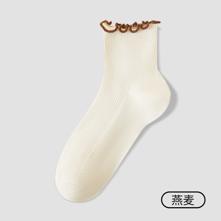 女襪|撞色木耳邊襪子女雙針耐磨彈力無骨中筒襪棉質吸汗透氣親膚堆堆襪「DR25126」25.09-3