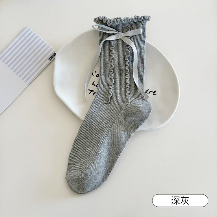 女襪|miu系蝴蝶結襪子女棉質吸汗透氣彈力中筒襪親膚舒適木耳邊堆堆襪「CX673」25.08-4