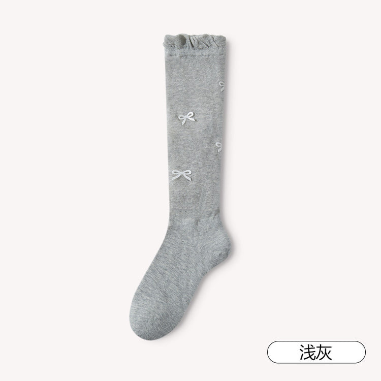 女襪|白色堆堆襪子女miu系花邊泡泡襪口小腿襪滿身蝴蝶結輕薄透氣JK襪「XC2268」25.02-2