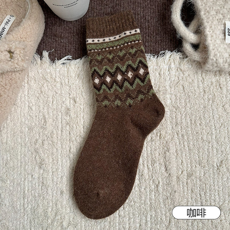 女襪|費爾島復古羊毛襪子女秋冬季加厚保暖堆堆襪日系文藝彈力中筒襪「TM3741」25.11-3