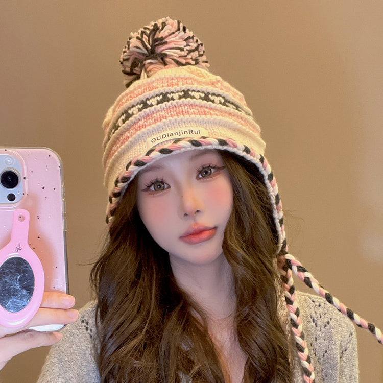 流行帽子|撞色流蘇毛球護耳帽女秋冬加絨保暖條紋百搭針織帽尼泊爾風毛線帽「C4738」24.11-1