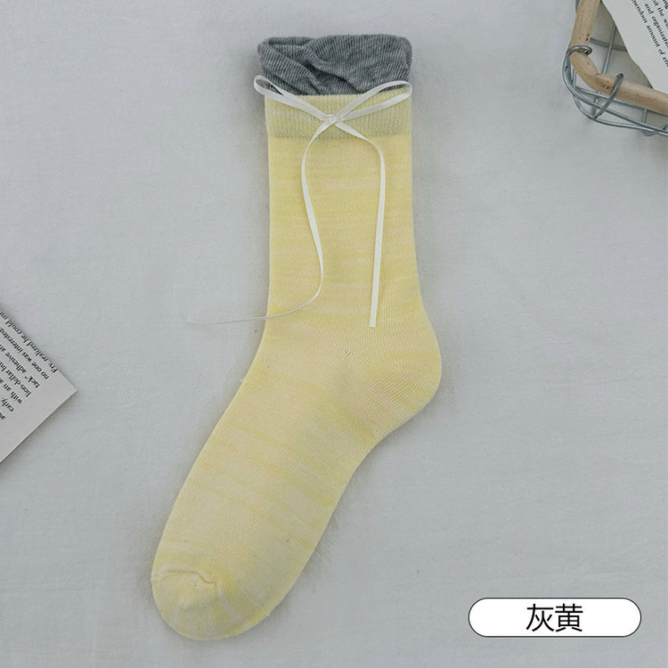 女襪|灰色堆堆襪子女彈力拼接花苞襪口中筒襪芭蕾風側邊飄帶蝴蝶結jk襪「S1205」25.04-2