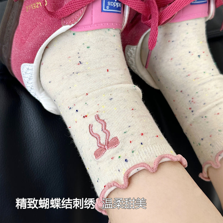 女襪|木耳花邊襪子女刺繡蝴蝶結點子紗中筒襪棉質吸汗透氣堆堆襪「HC5203」25.07-5