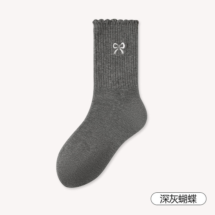女襪|miu系蝴蝶結襪子女彈力無骨吸汗透氣中筒襪棉質親膚舒適堆堆襪「ZX25509」25.08-3