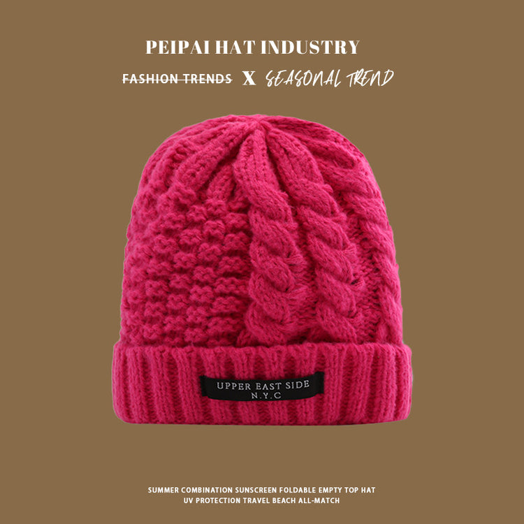 流行帽子|麻花針織帽冬天韓版百搭保暖護耳毛線帽防寒套頭帽NYC字母帽子女「C1431」25.01-1