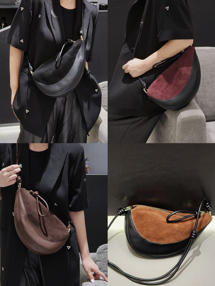 質感真皮|磨砂牛皮拼接羊皮月牙包女包2024新款真皮休閒斜背餃子包百搭單肩「3300-3#」24.10-2