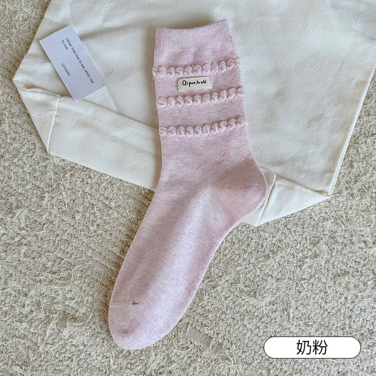 女襪|花邊蛋糕襪口襪子女棉質吸汗透氣彈力無骨中筒襪親膚舒適堆堆襪「QP2533」25.09-1