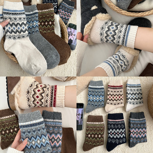 女襪|費爾島復古羊毛襪子女秋冬季加厚保暖堆堆襪日系文藝彈力中筒襪「TM3741」25.11-3