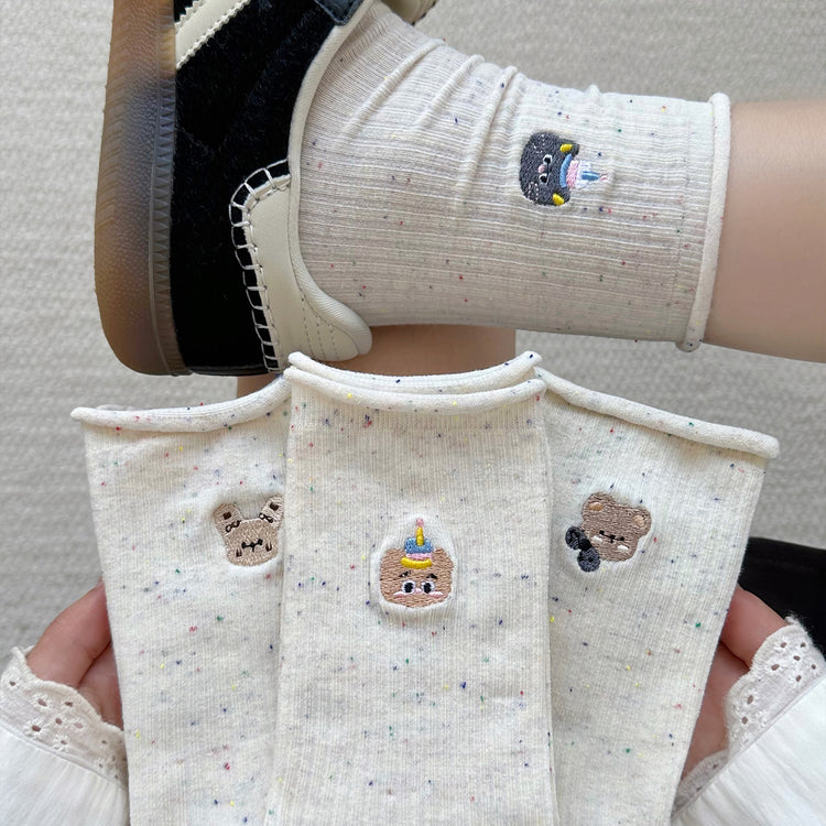 女襪|點子紗襪子女棉質吸汗透氣防臭堆堆襪彈力無骨卷邊卡通刺繡中筒襪「M24173」25.09-5