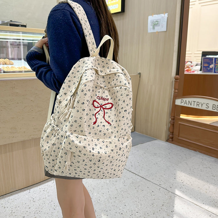 致青春 | 蝴蝶結刺繡小碎花雙肩包女時尚百搭設計感背包大容量少女學生書包「1863-126」25.03-1